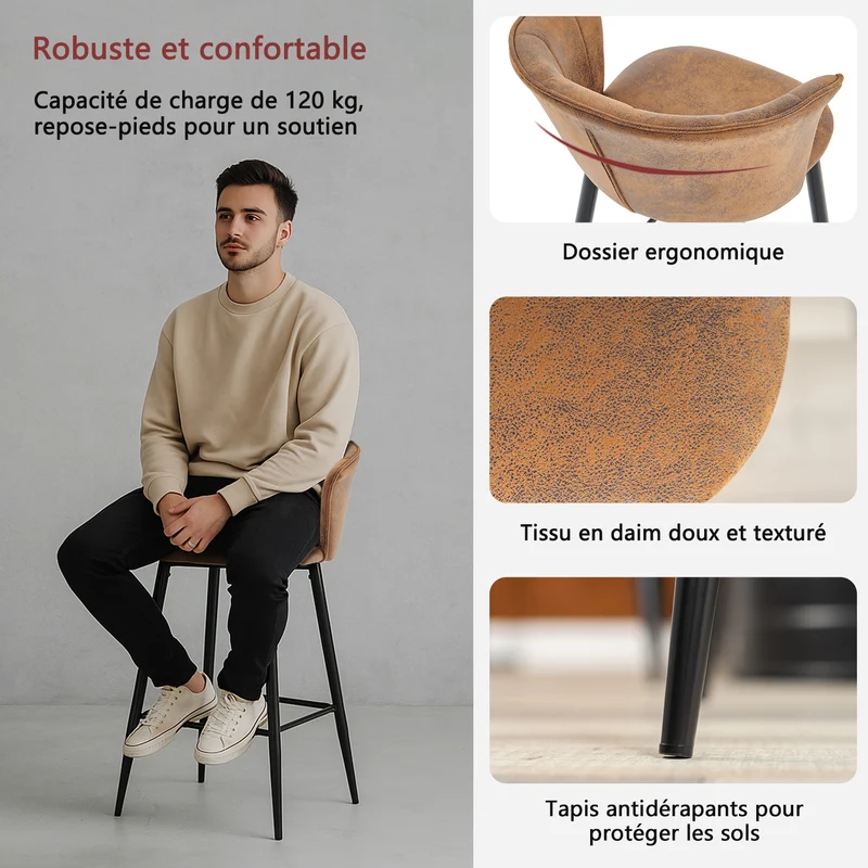 Lot de 6 tabourets de bar industriels avec accoudoirs et dossier en suédine - DONCIC BAR