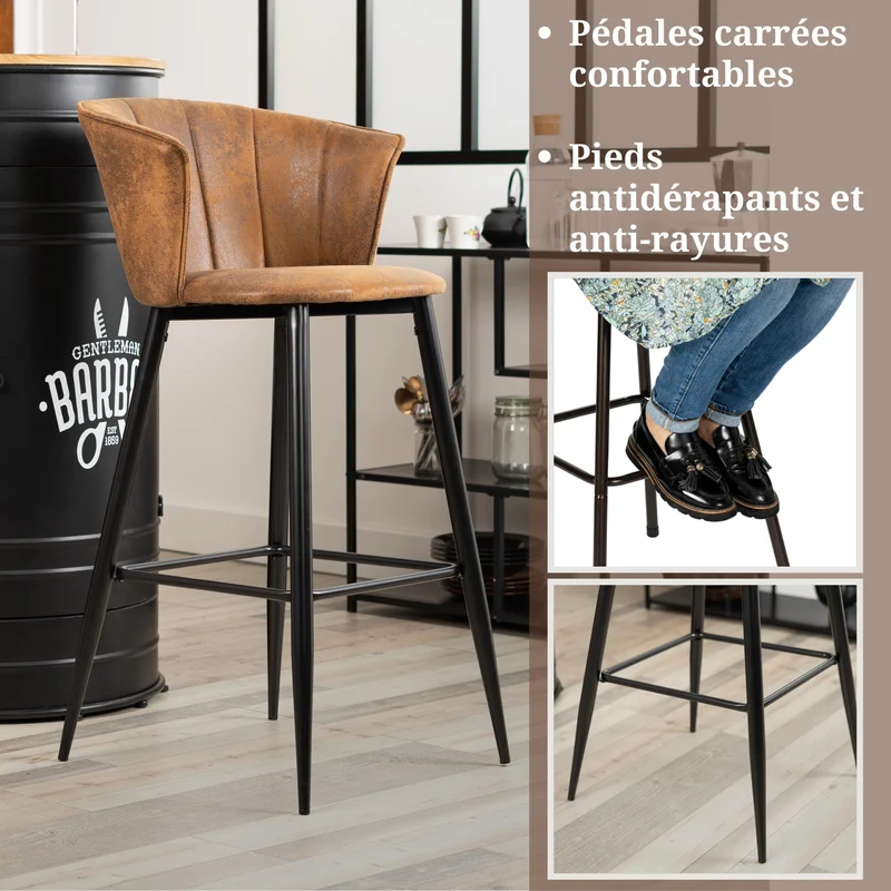 Lot de 6 tabourets de bar industriels avec accoudoirs et dossier en suédine - DONCIC BAR