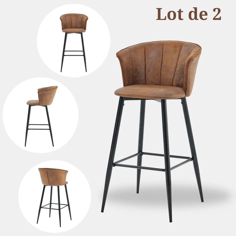 Lot de 6 tabourets de bar industriels avec accoudoirs et dossier en suédine - DONCIC BAR