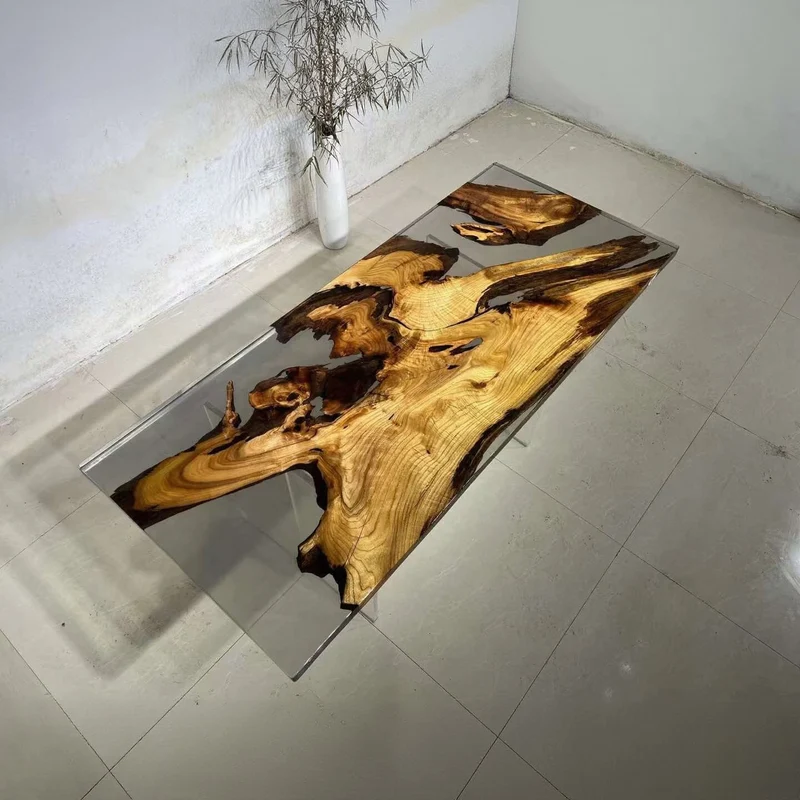 Cypress Camphor Wood Table with Clear Epoxy Resin