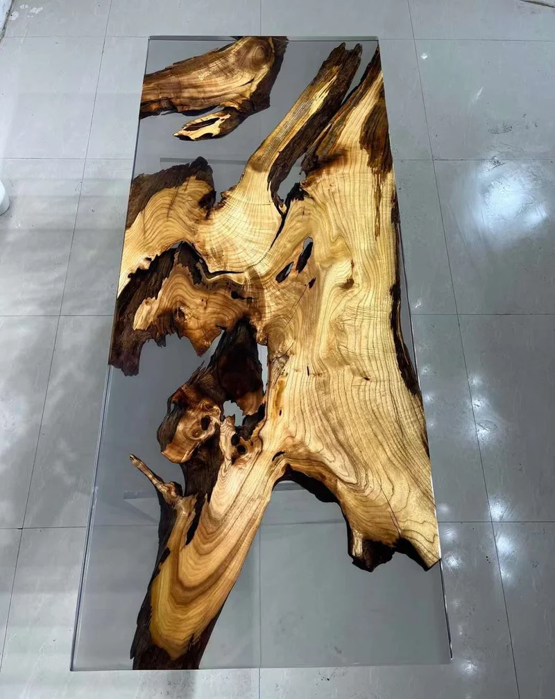 Cypress Camphor Wood Table with Clear Epoxy Resin