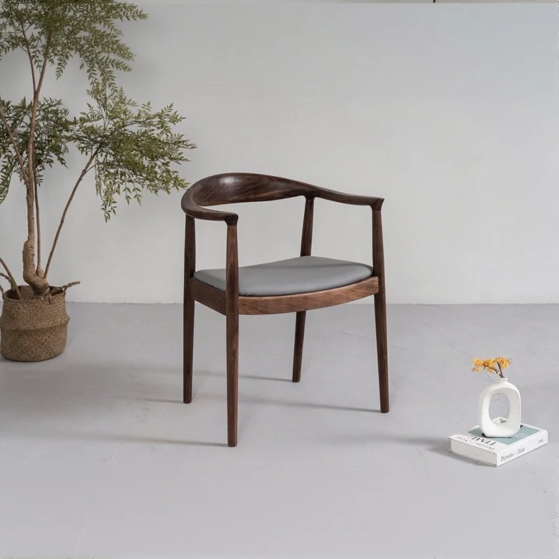 Mid Century Modern Solid Black Walnut Chair with Leather