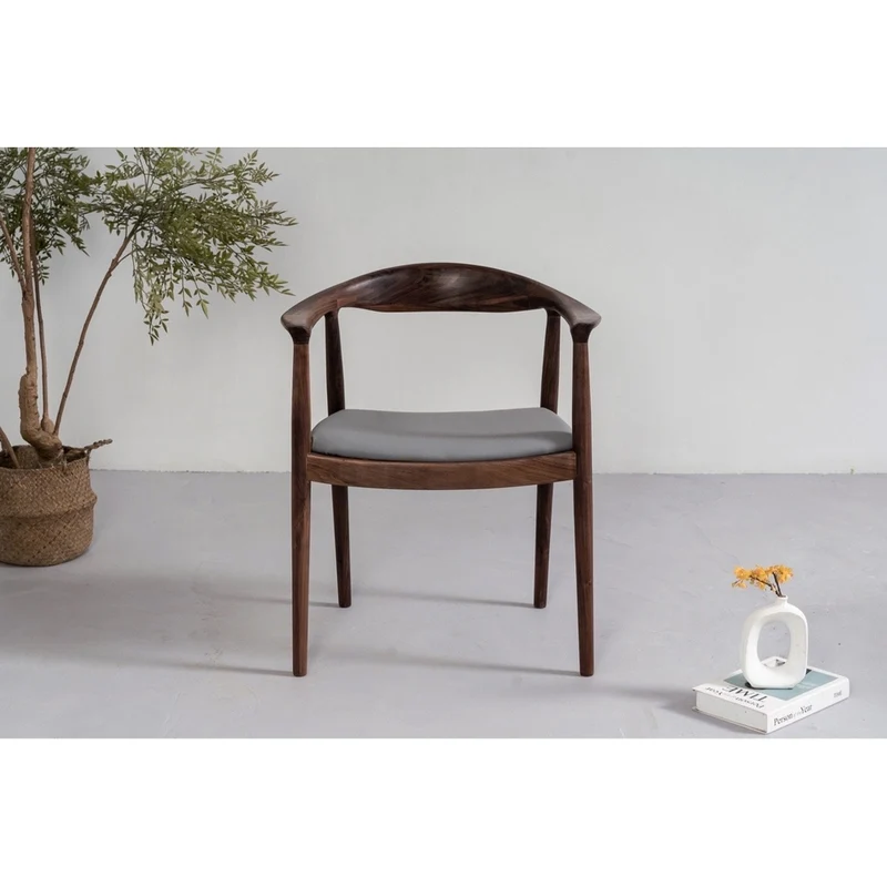 Mid Century Modern Solid Black Walnut Chair with Leather