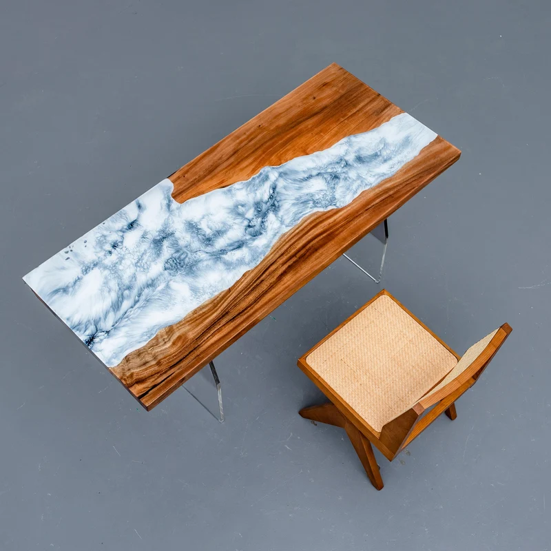 Cascade White Snowflake Natural Wood Epoxy Resin Table for Sale
