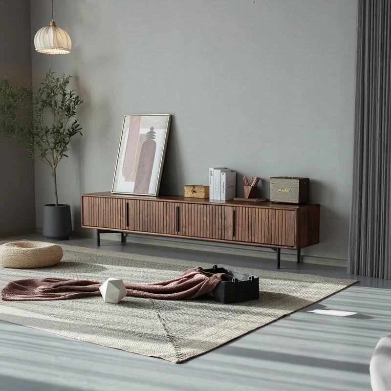 Modern Waveform Panel Black Walnut Wood TV Stand