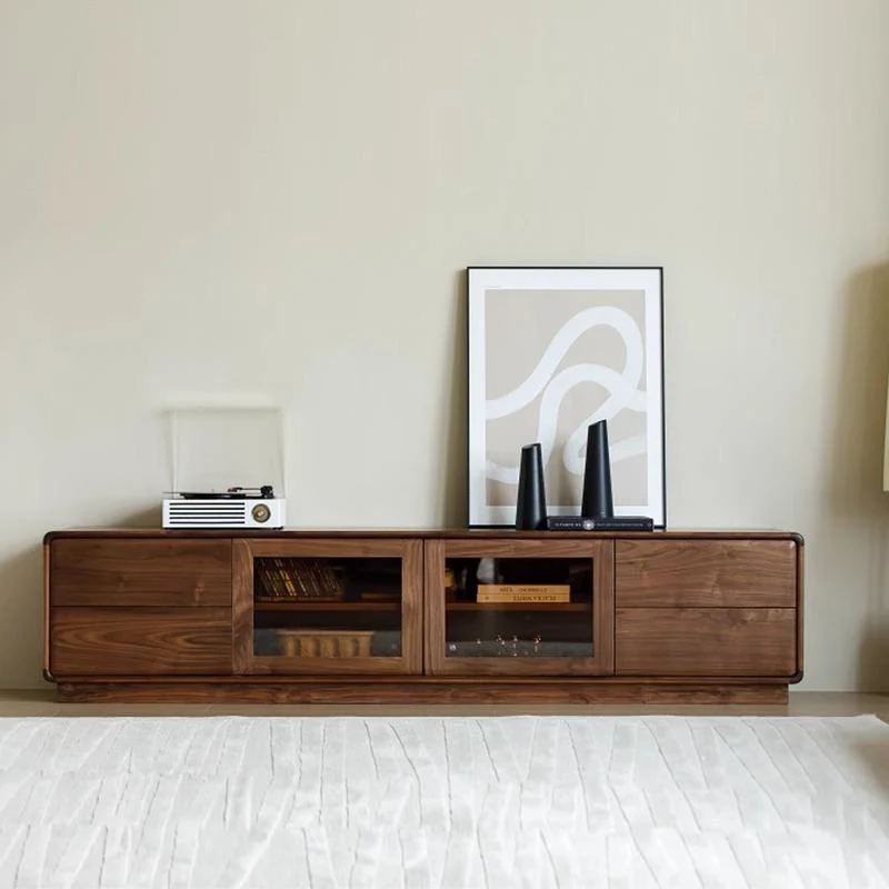 Elegant Walnut Modern TV Stand with Glass Storage Cabinet