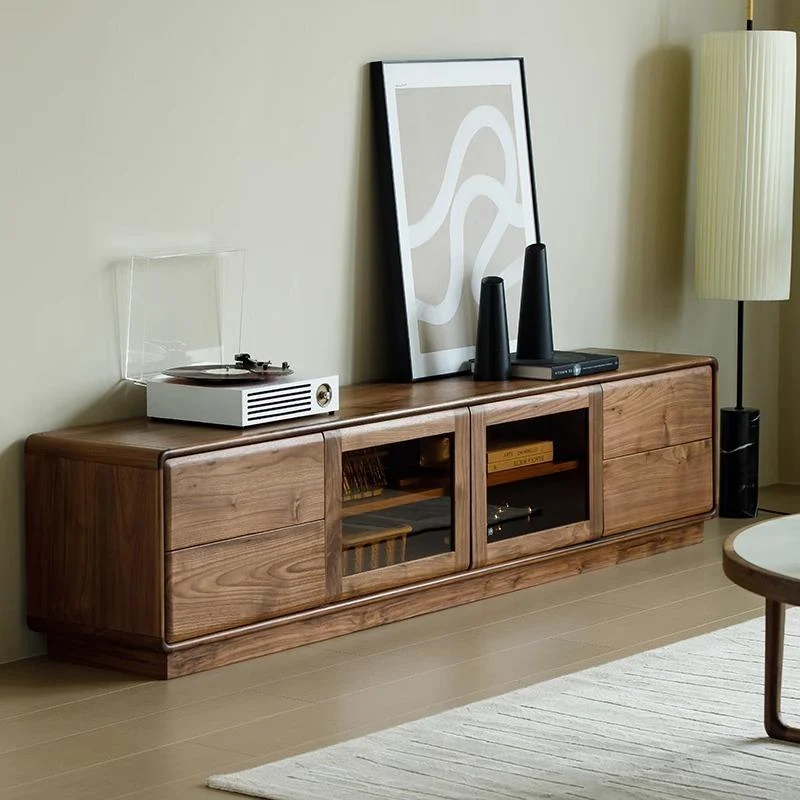 Elegant Walnut Modern TV Stand with Glass Storage Cabinet