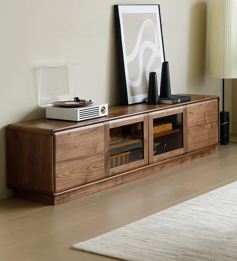 Elegant Walnut Modern TV Stand with Glass Storage Cabinet