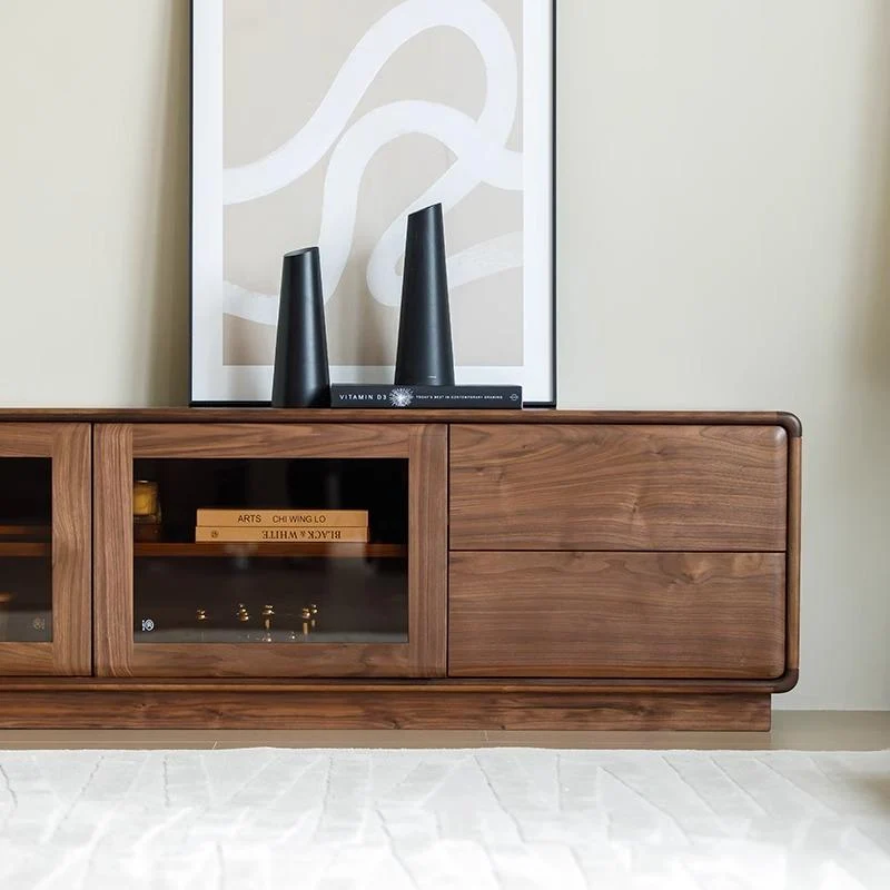 Elegant Walnut Modern TV Stand with Glass Storage Cabinet
