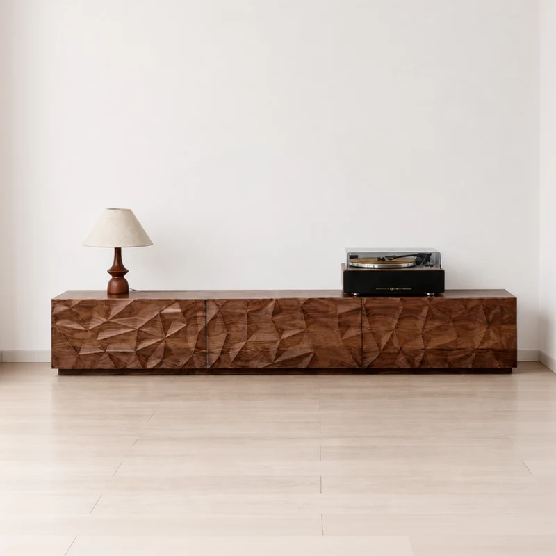 Solid Made Sculpted Walnut Wood TV Console Cabinet