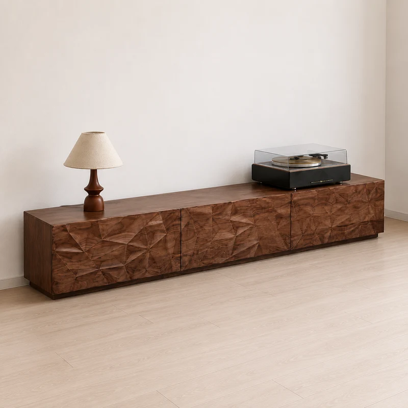 Solid Made Sculpted Walnut Wood TV Console Cabinet