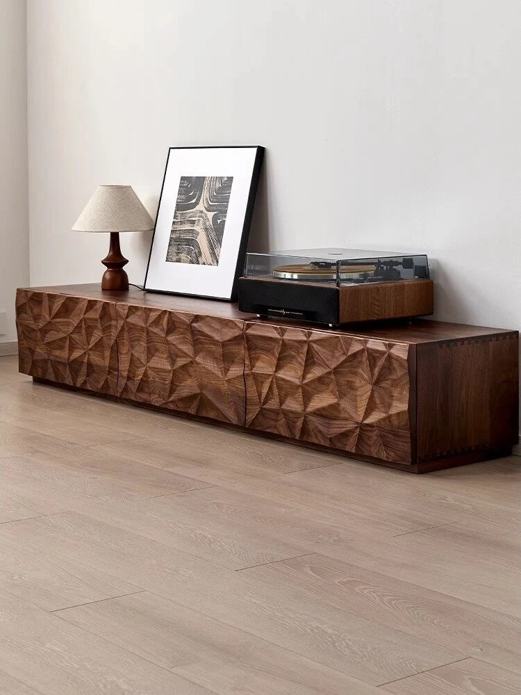 Solid Made Sculpted Walnut Wood TV Console Cabinet