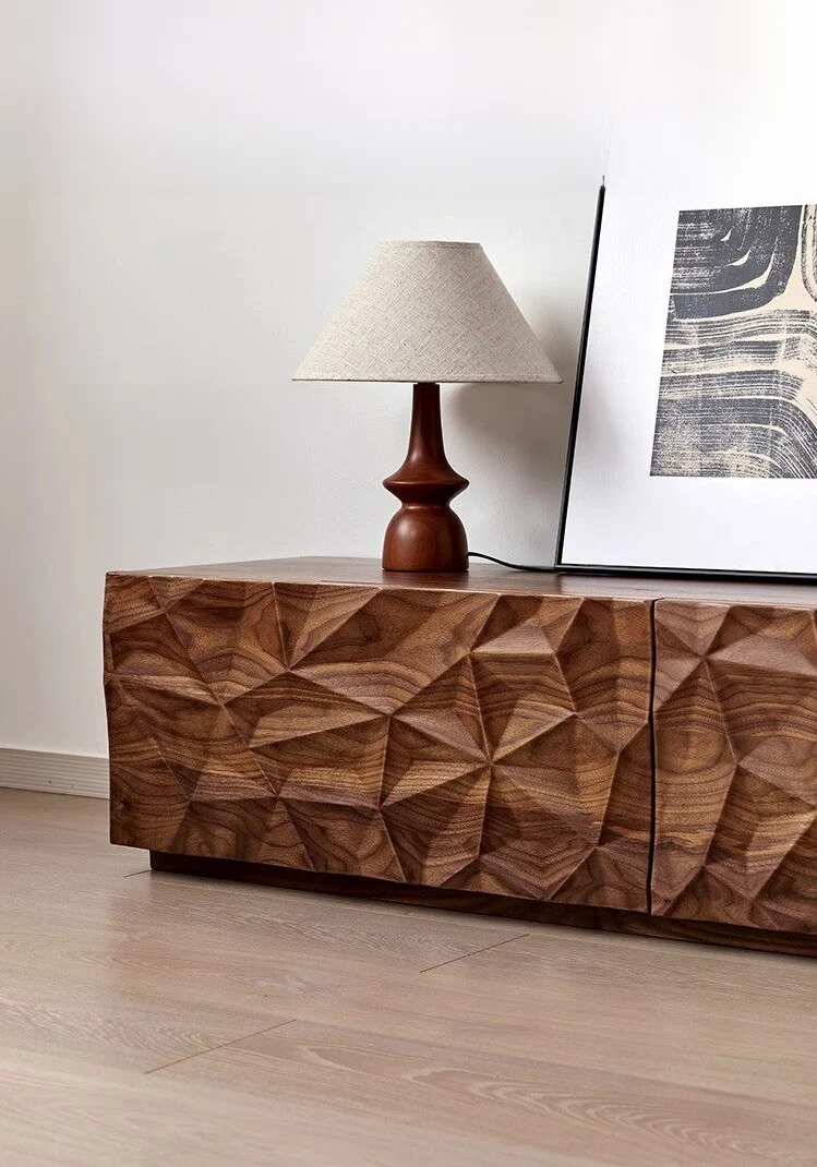 Solid Made Sculpted Walnut Wood TV Console Cabinet