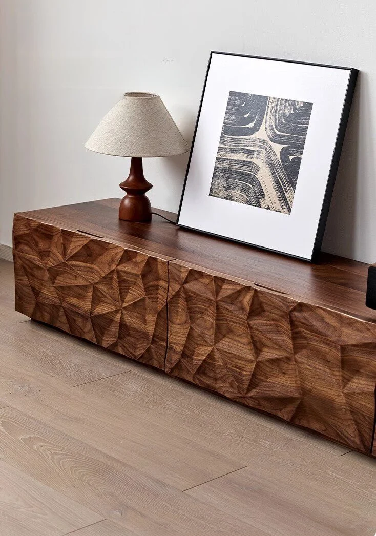 Solid Made Sculpted Walnut Wood TV Console Cabinet