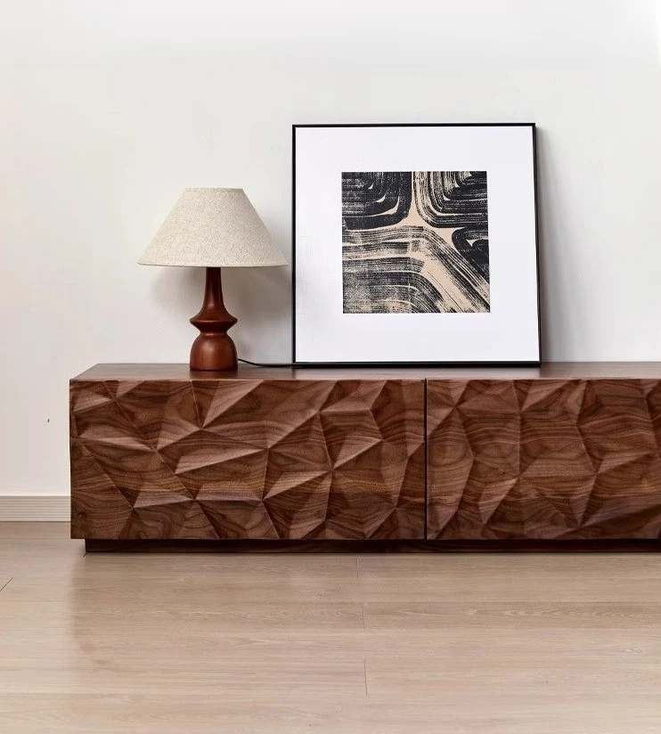 Solid Made Sculpted Walnut Wood TV Console Cabinet