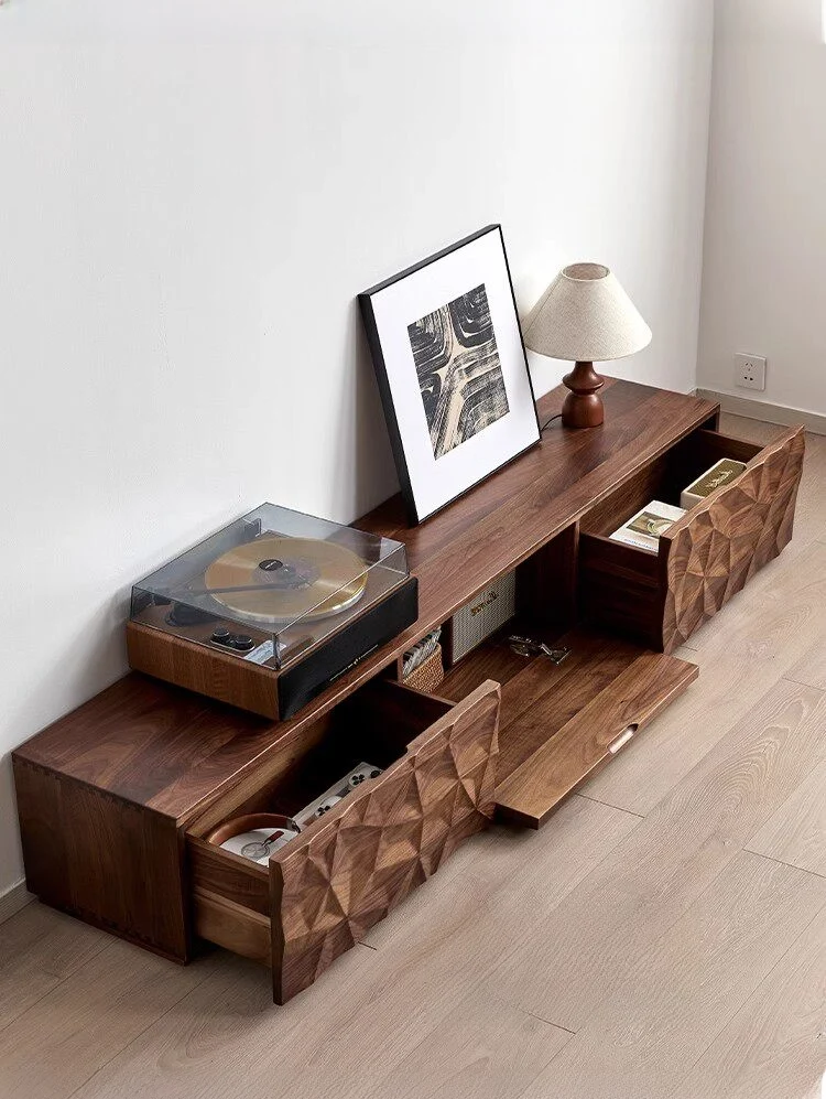 Solid Made Sculpted Walnut Wood TV Console Cabinet
