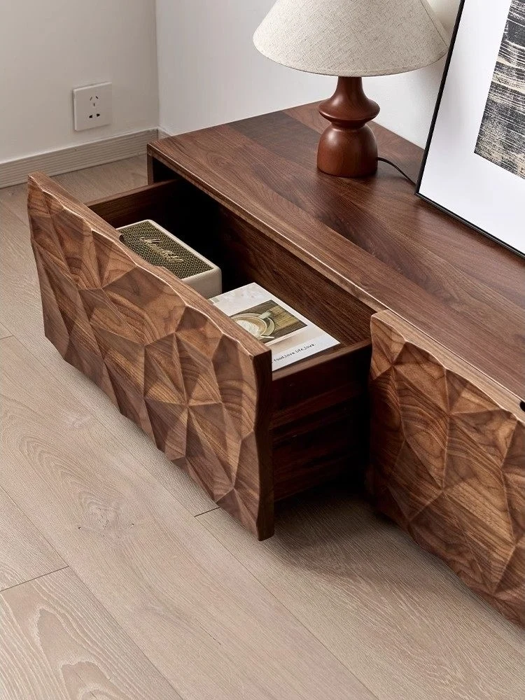 Solid Made Sculpted Walnut Wood TV Console Cabinet