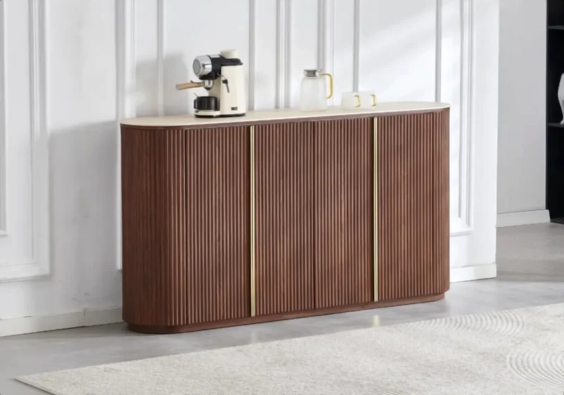 Buffet design ovale travertin noyer cannelé - Terra