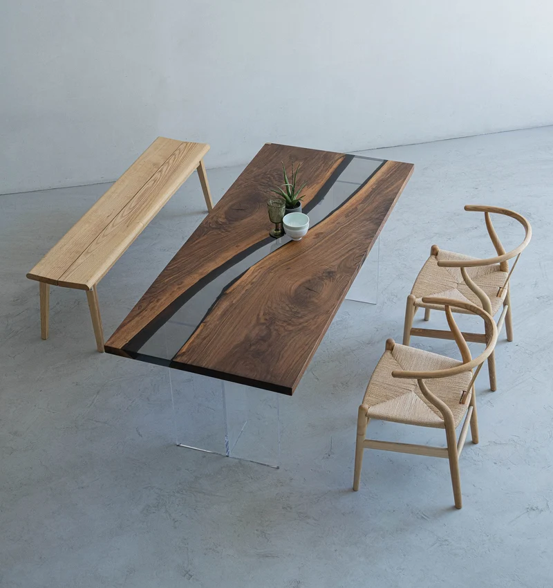 Ember Black Walnut Wood Epoxy Resin Table with Curved Shape