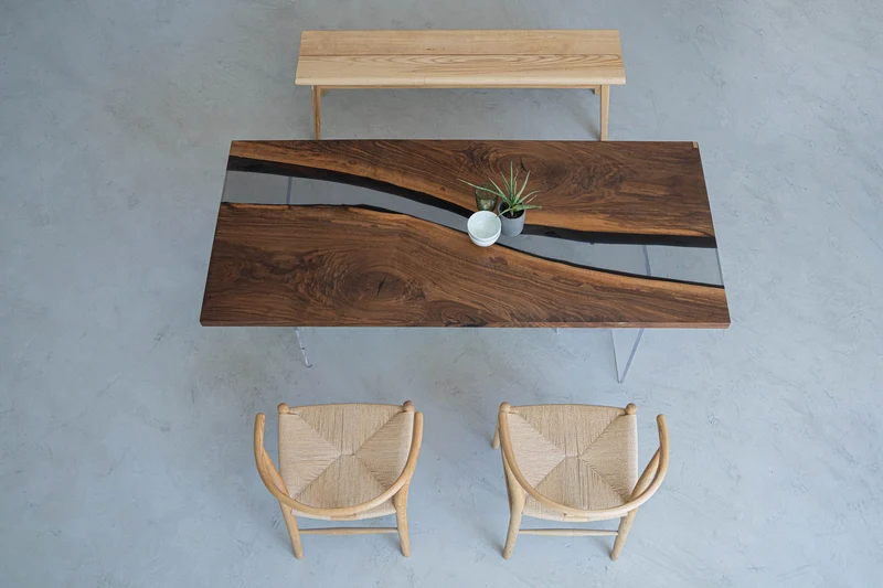 Ember Black Walnut Wood Epoxy Resin Table with Curved Shape