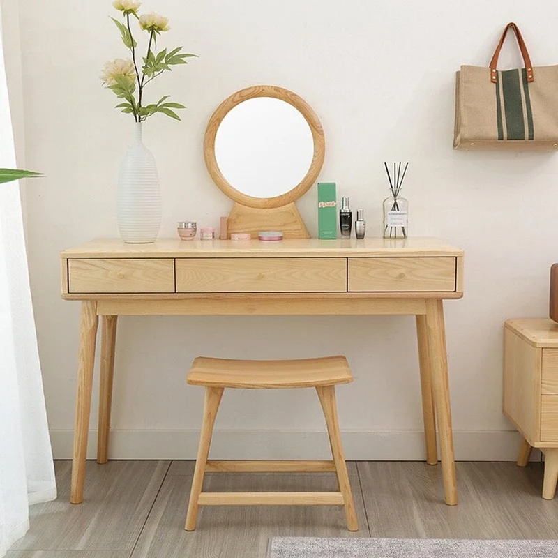 White Ash Wood Makeup Table Vanity with Mirror