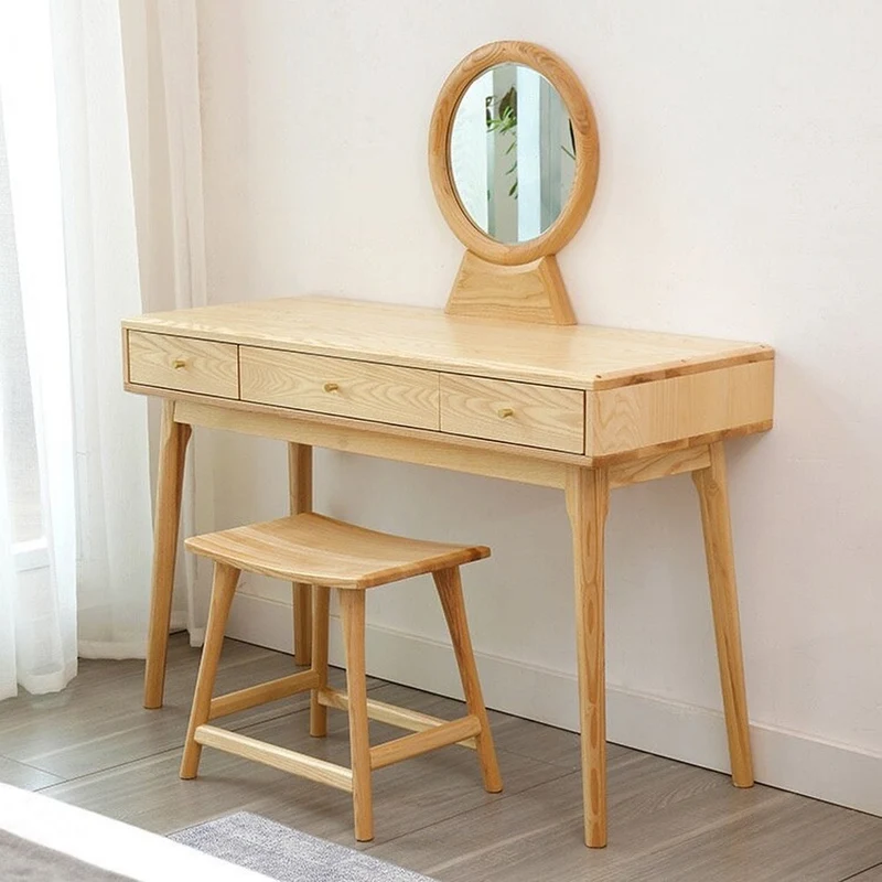 White Ash Wood Makeup Table Vanity with Mirror