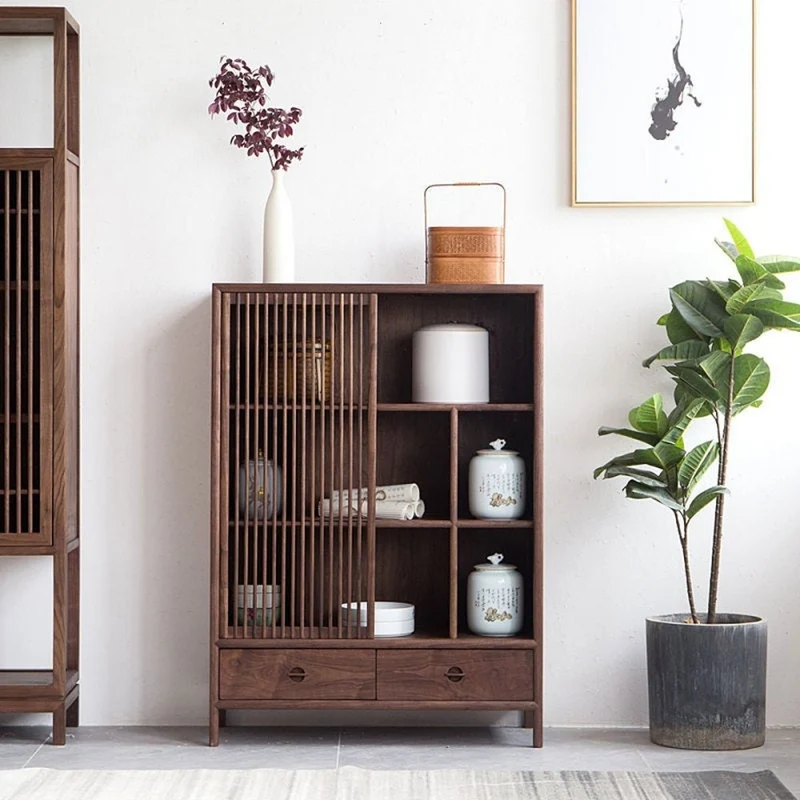 Radiant Japanese Style Solid Walnut Wood Cabinet with One Sliding Door