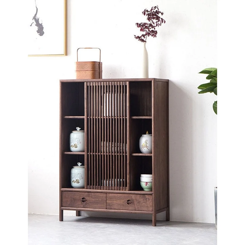 Radiant Japanese Style Solid Walnut Wood Cabinet with One Sliding Door