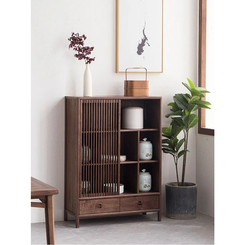 Radiant Japanese Style Solid Walnut Wood Cabinet with One Sliding Door