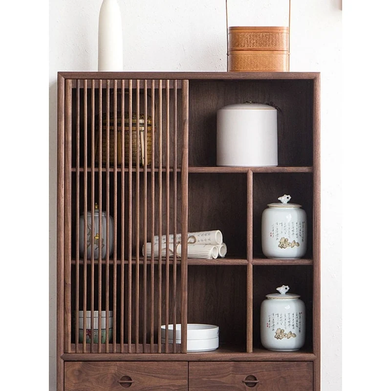 Radiant Japanese Style Solid Walnut Wood Cabinet with One Sliding Door
