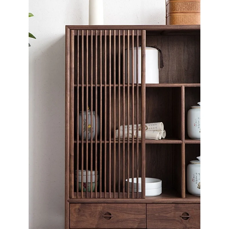Radiant Japanese Style Solid Walnut Wood Cabinet with One Sliding Door