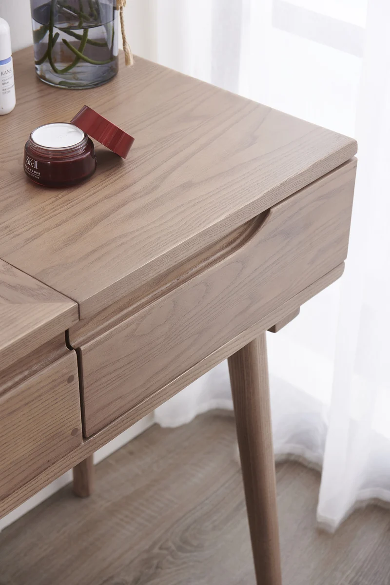 White Ash Wood Dressing Vanity Set Mirror Table