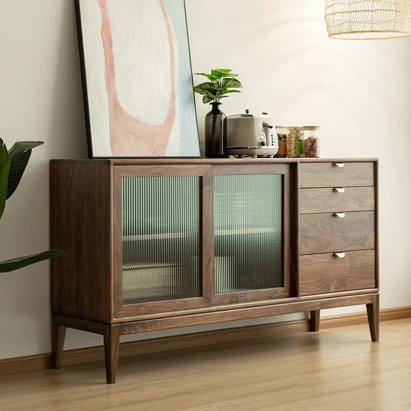 Stellar Japanese Style Solid Walnut Sideboard with Rattan Doors