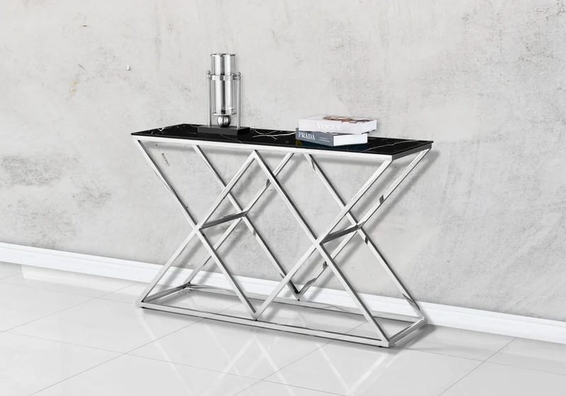 Console d'entrée effet marbre noir et pied argent - Erly