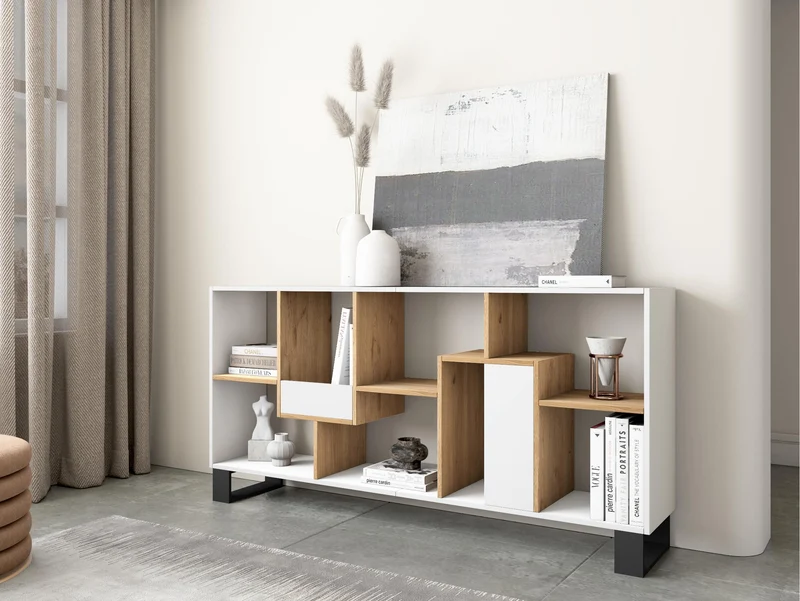 Étagère bibliothèque 174x67x31cm, horizontal ou vertical Design industriel Blanc et Chêne