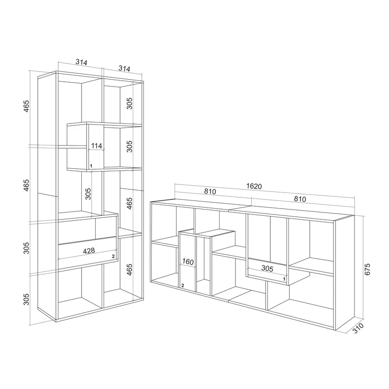 Étagère bibliothèque 162x67x31cm, horizontal ou vertical Chêne et blanc
