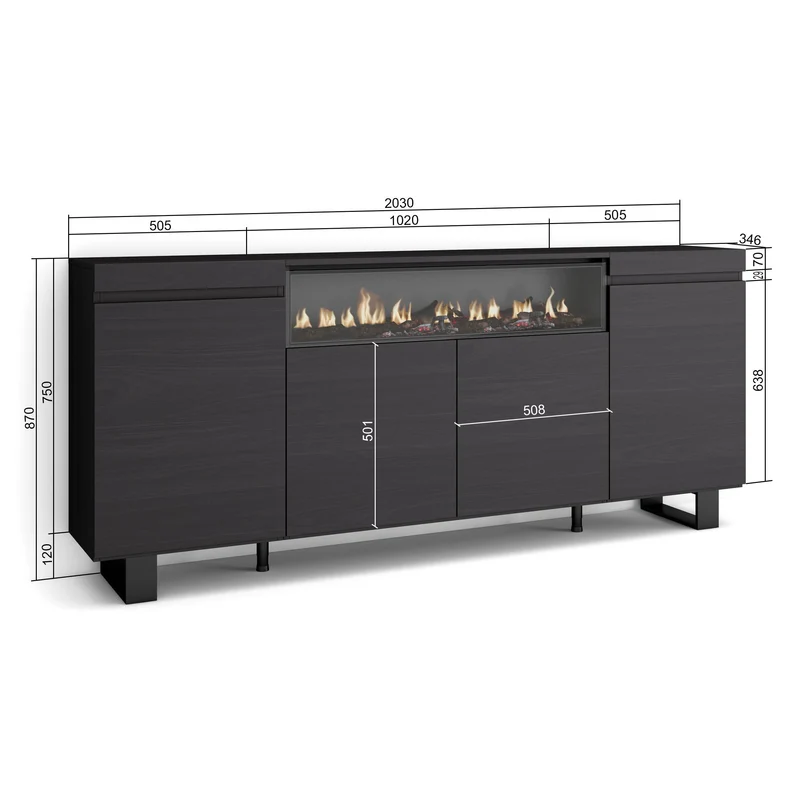 Buffet salon et cuisine - Meuble de Rangement- Commode - Cheminée électrique - 200 x 87 x 35 cm - Design industriel noir