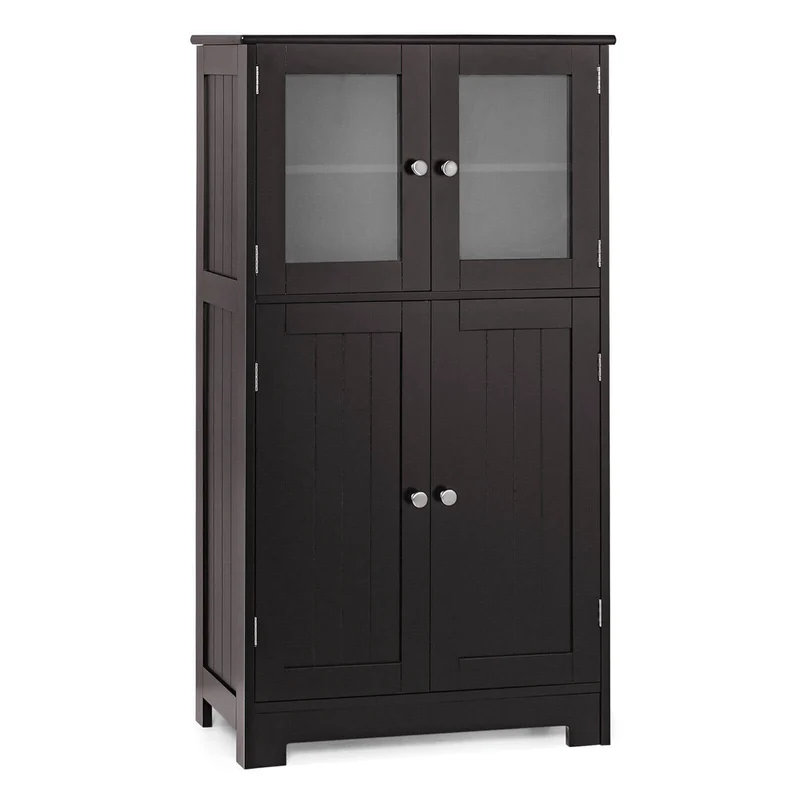 Bathroom Floor Storage Cabinet With Doors, Adjustable Shelf, Brown