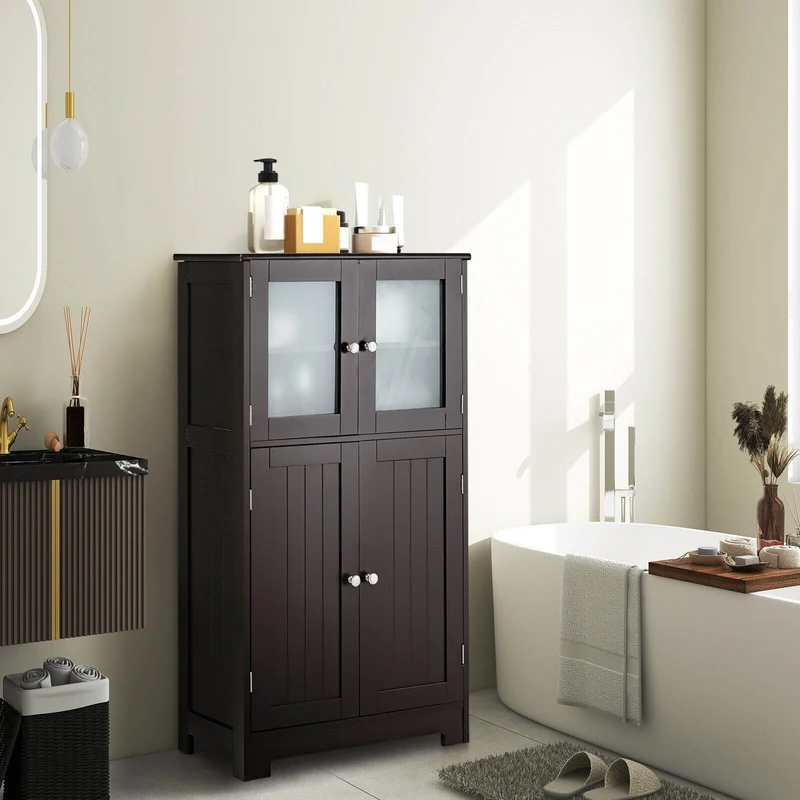 Bathroom Floor Storage Cabinet With Doors, Adjustable Shelf, Brown