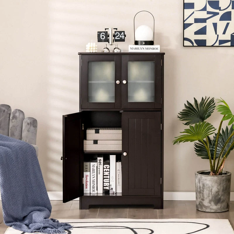Bathroom Floor Storage Cabinet With Doors, Adjustable Shelf, Brown