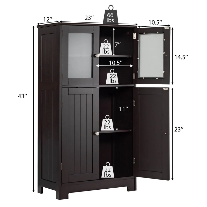 Bathroom Floor Storage Cabinet With Doors, Adjustable Shelf, Brown