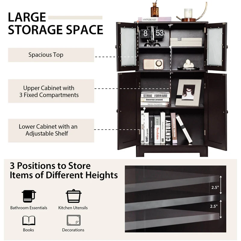 Bathroom Floor Storage Cabinet With Doors, Adjustable Shelf, Brown