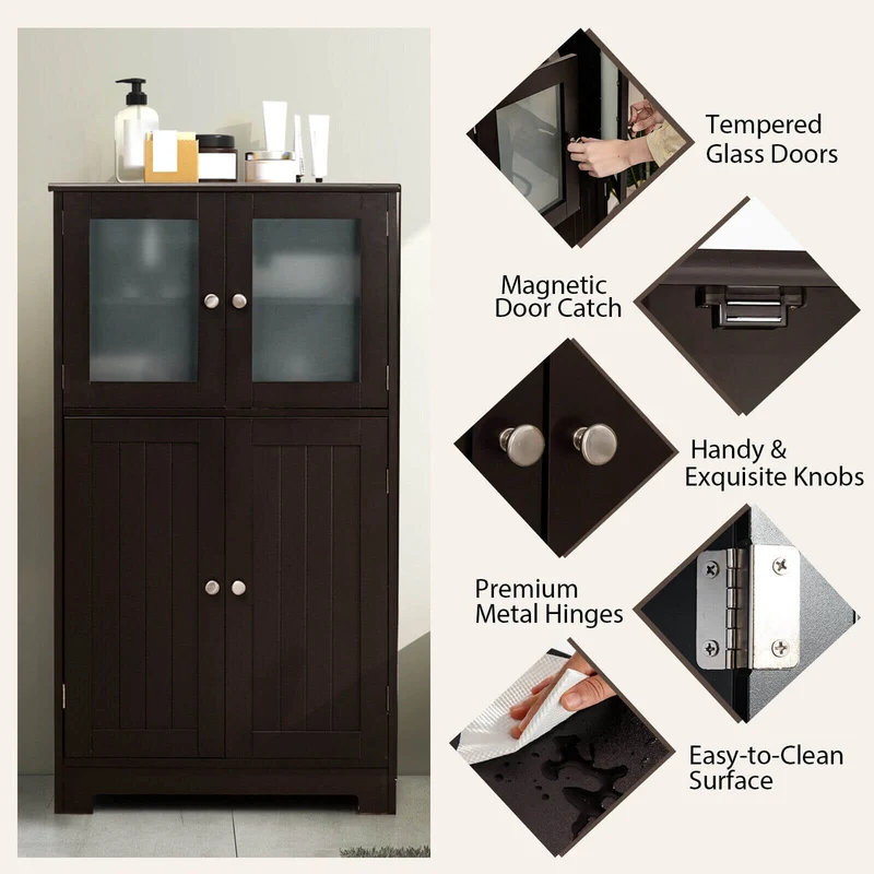 Bathroom Floor Storage Cabinet With Doors, Adjustable Shelf, Brown