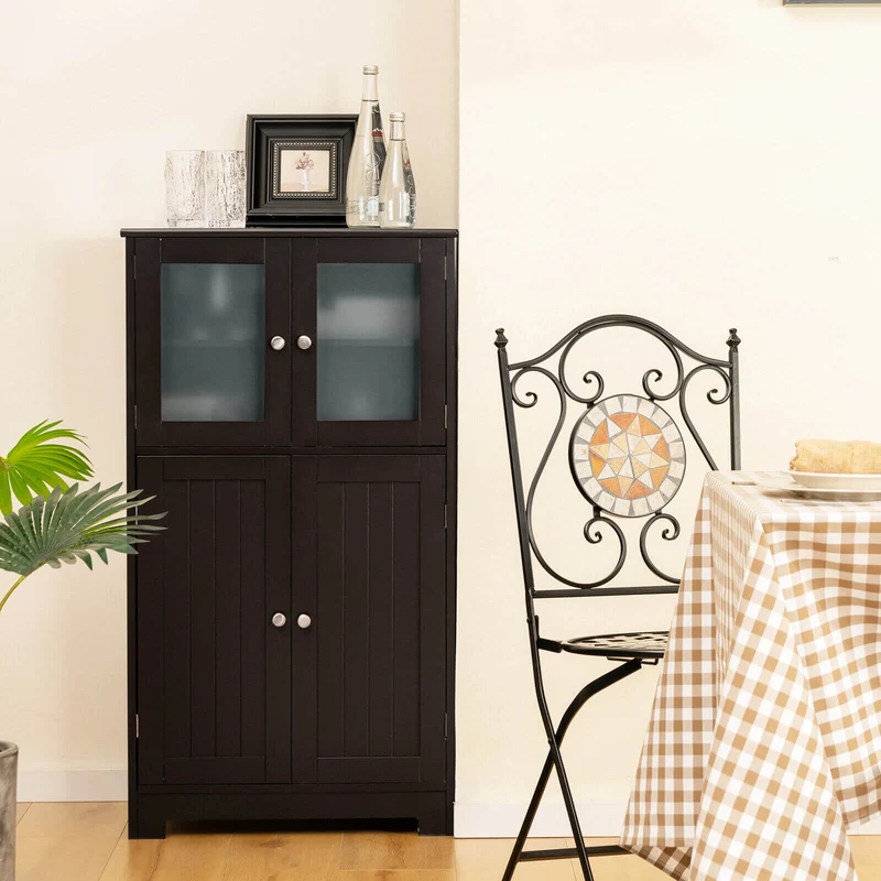 Bathroom Floor Storage Cabinet With Doors, Adjustable Shelf, Brown