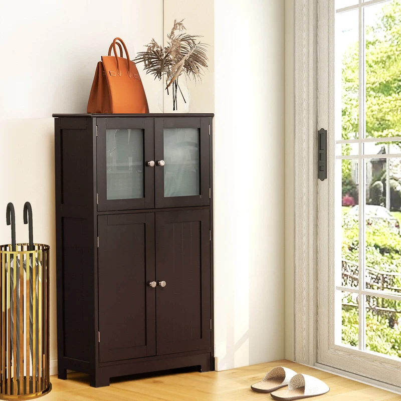 Bathroom Floor Storage Cabinet With Doors, Adjustable Shelf, Brown