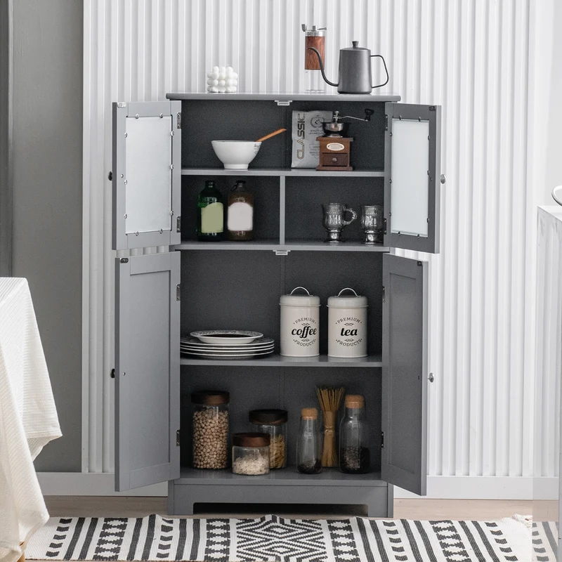 Bathroom Floor Storage Cabinet With Doors, Adjustable Shelf, Gray