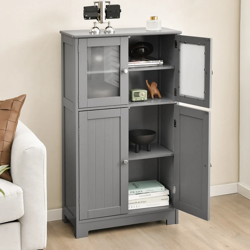 Bathroom Floor Storage Cabinet With Doors, Adjustable Shelf, Gray