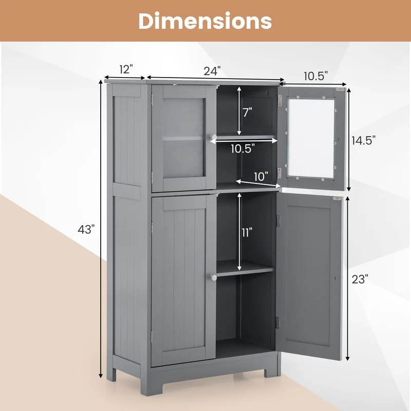 Bathroom Floor Storage Cabinet With Doors, Adjustable Shelf, Gray