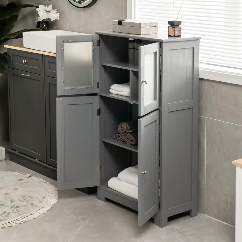 Bathroom Floor Storage Cabinet With Doors, Adjustable Shelf, Gray