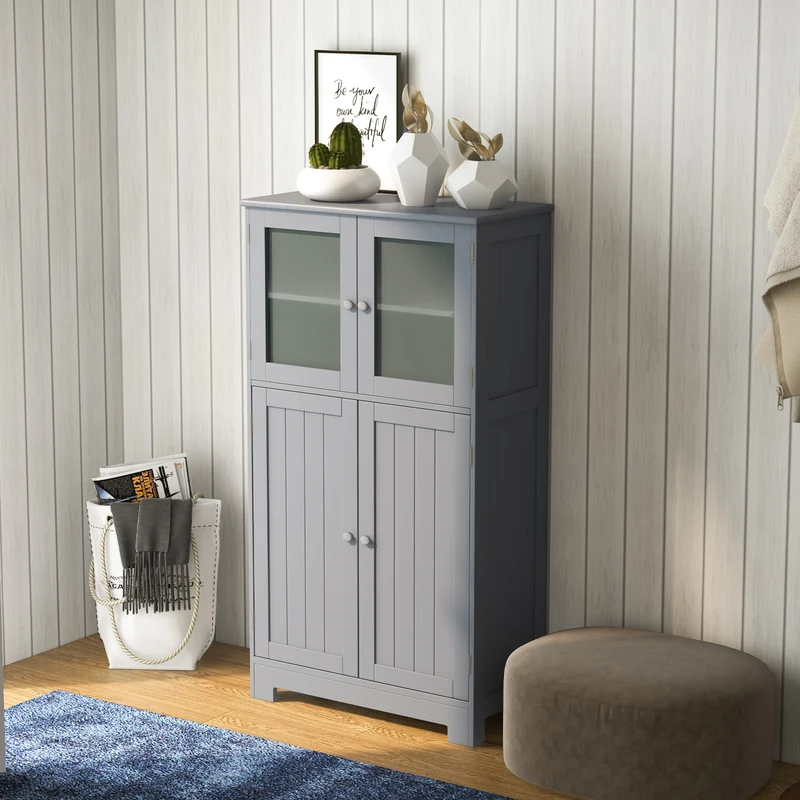 Bathroom Floor Storage Cabinet With Doors, Adjustable Shelf, Gray